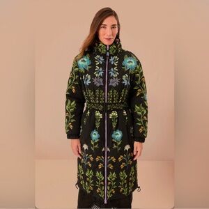 FARM Rio Black Floral Embroidered Long Puffer Coat with Blue & Green Flowers